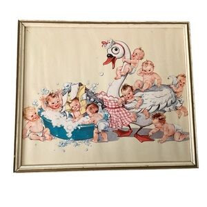 Vintage 50’s Bath Baby Print Babies Swan Tub Framed 14” X 12” + Bonus